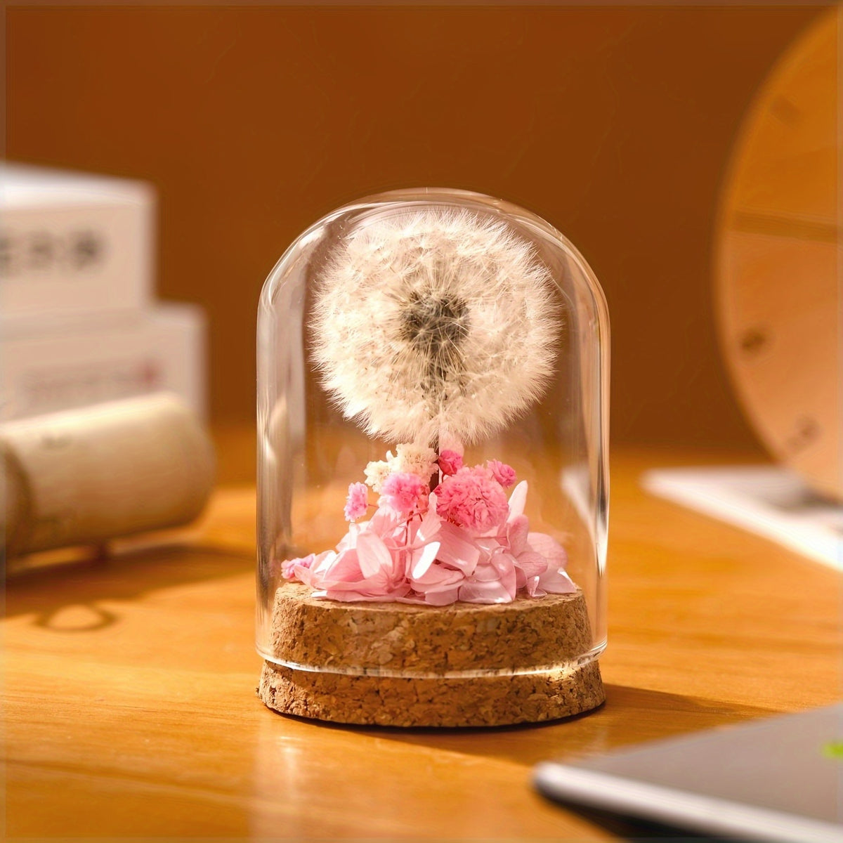 Eternal Dandelion Glass Dome Decoration – Preserved Floral Arrangement in Transparent Display Case, Long-Lasting Keepsake Home & Desk Decor, Perfect Gift for Mother’s Day, Birthday, Christmas & Teacher Appreciation, Red or Pink