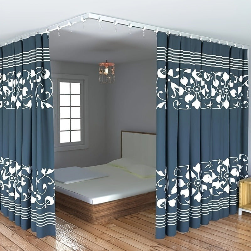 Flexible Ceiling Curtain Track 78 Inch Bendable - Curved Curtain Rail with Hooks & Brackets for Bedroom Bathroom Bay Window RV Room Divider, Navy Floral