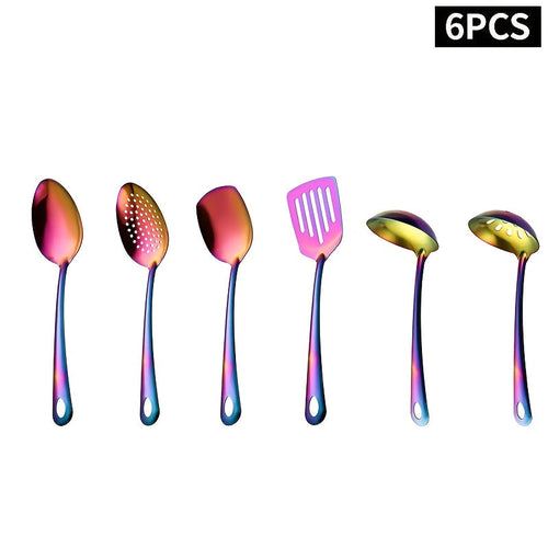 6-Piece Korean Style Stainless Steel Kitchen Utensil Set Golden Plated Cooking Spoons Frying Spatulas Hot Pot Clips with Filters