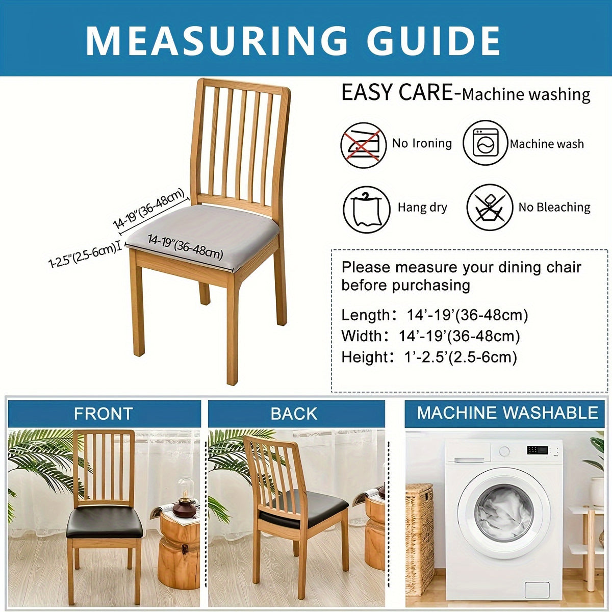 Waterproof Faux Leather Dining Chair Seat Covers 4/6 Pack – Stretch PU Fabric Removable Washable Chair Cushion Slipcovers for Dining Room Kitchen Hotel Home Decor, Hook & Loop Closure