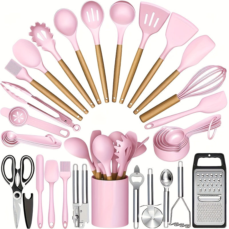 35/36-Piece Silicone Kitchen Utensils Set with Rack & Wooden Handles – Heat Resistant Cooking Tools for Non-Stick Pans | Complete Kitchen Utensil Set
