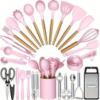 35/36-Piece Silicone Kitchen Utensils Set with Rack & Wooden Handles – Heat Resistant Cooking Tools for Non-Stick Pans | Complete Kitchen Utensil Set