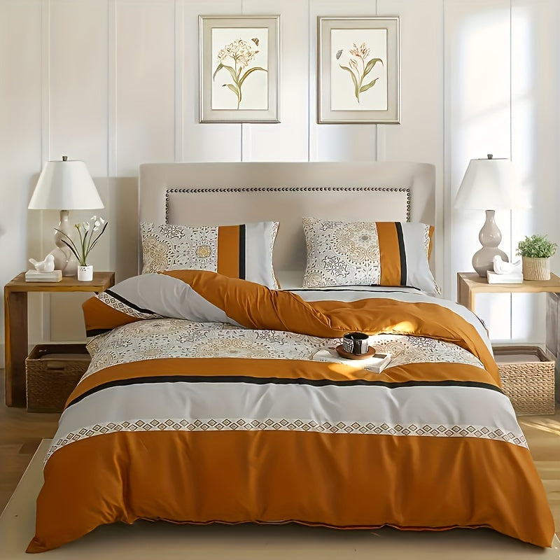 Striped Duvet Cover Set 3 Piece – Orange & Gray Stripe Soft Cozy Bedding, Zip Closure, 1 Duvet Cover + 2 Pillowcases, Machine Washable, All Season, Twin Full Queen King Multiple Sizes