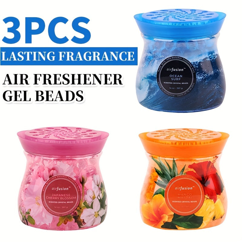 Odor Eliminator Gel Beads Air Freshener 3-Pack 14 oz Each – Essential Oil Formula, Mango Maitai, Cherry Blossom & Ocean Surf Scents for Bathroom, Car, RV & Pet Areas