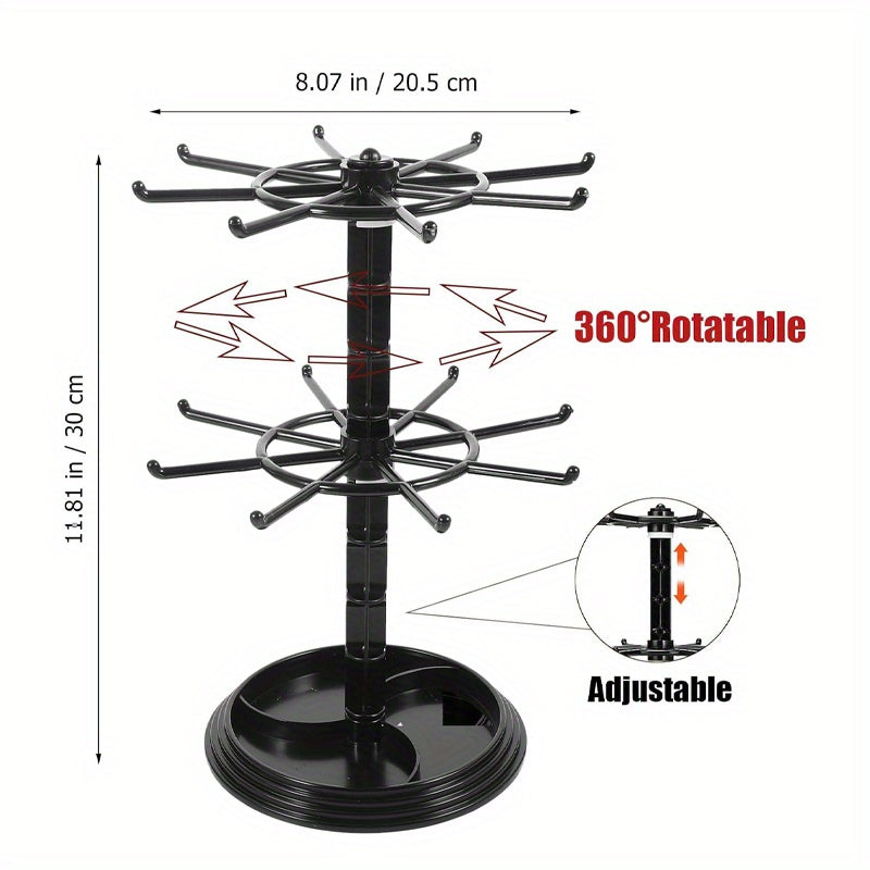 Rotating Jewelry Stand 2-Tier Black Plastic Necklace Bracelet Earring Keychain Hanging Organizer Display Rack for Dressing Table Counter – 360° Spinning Tabletop Jewelry Tower Holder