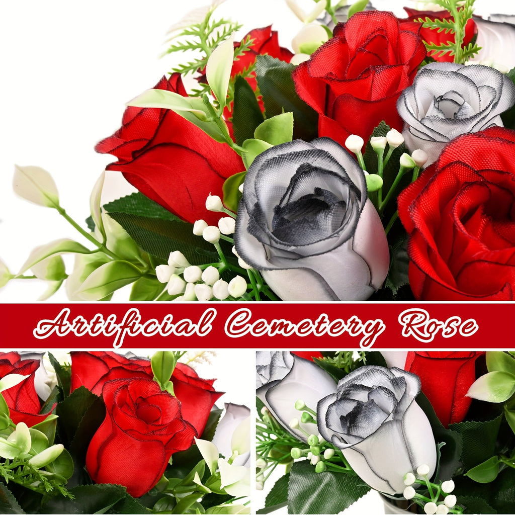 Artificial Cemetery Flowers for Grave with Saddles Silky Rose Bouquets with Vases Headstone Flower Saddle Memorial Day Outdoor Grave Headstone Decoration