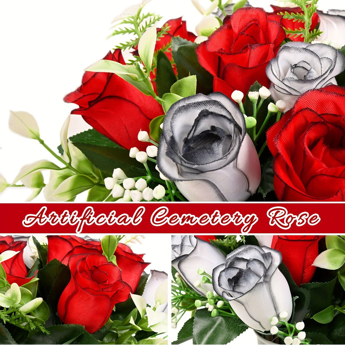 Artificial Cemetery Flowers for Grave with Saddles Silky Rose Bouquets with Vases Headstone Flower Saddle Memorial Day Outdoor Grave Headstone Decoration