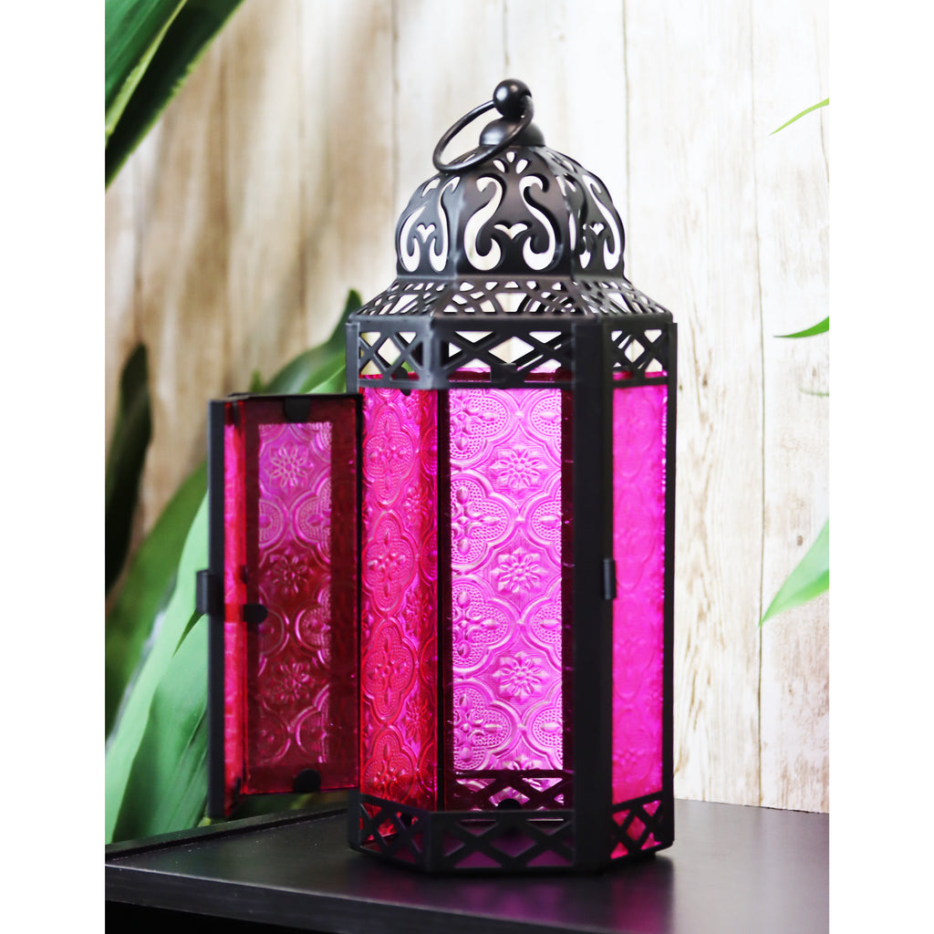 Moroccan Candle Lantern Holder Medium 10.5 Inch – Handcrafted Glass Iron Metal Lantern with Embossed Floral Panels, 17 Colors, Indoor Outdoor Use for Ramadan, Wedding, Patio, Diwali & Home Decor