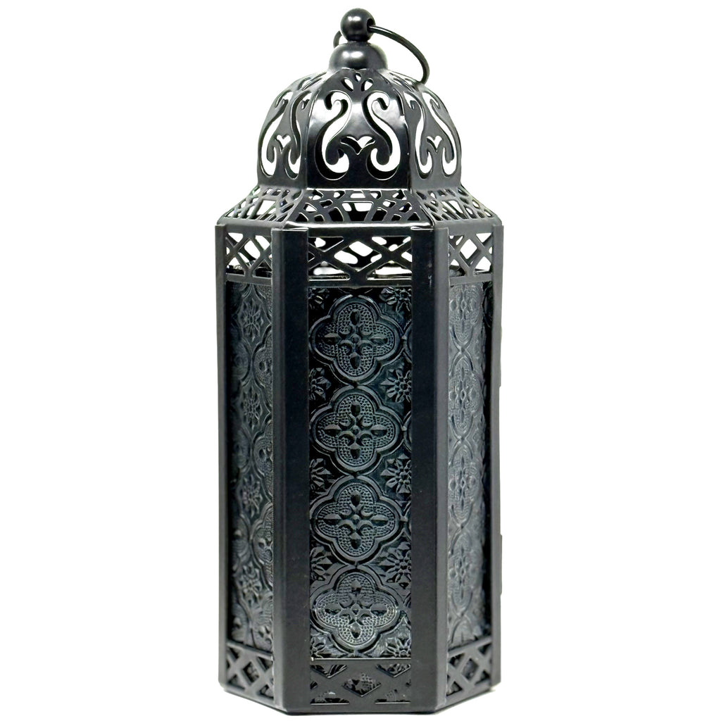 Moroccan Candle Lantern Holder Medium 10.5 Inch – Handcrafted Glass Iron Metal Lantern with Embossed Floral Panels, 17 Colors, Indoor Outdoor Use for Ramadan, Wedding, Patio, Diwali & Home Decor