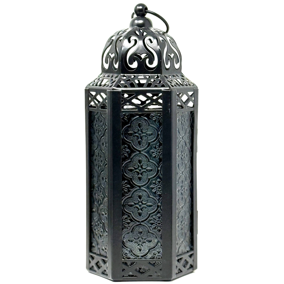 Moroccan Candle Lantern Holder Medium 10.5 Inch – Handcrafted Glass Iron Metal Lantern with Embossed Floral Panels, 17 Colors, Indoor Outdoor Use for Ramadan, Wedding, Patio, Diwali & Home Decor