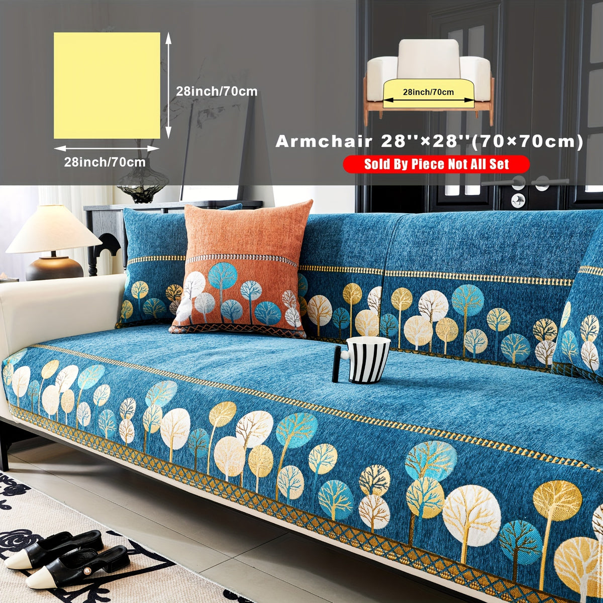 Bohemian Chenille Sofa Cover Tree Embroidery Print Thick Non-Slip Pet Friendly One-Piece Couch Protector Armchair Loveseat 3 4 Seater