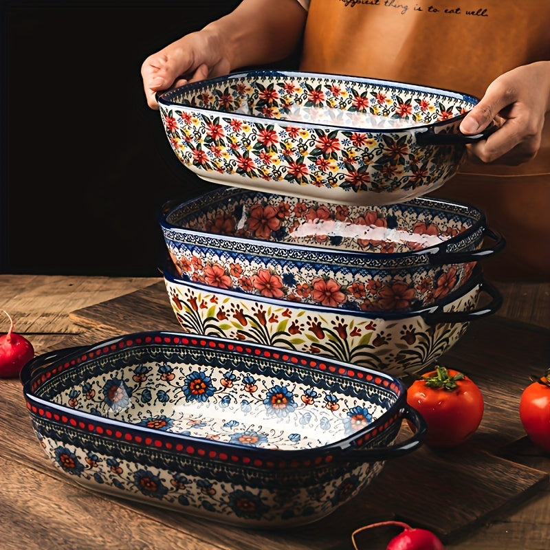 Bohemian Ceramic Baking Dishes Set of 2 - Large Rectangular Oven-Safe Casserole & Pie Pan, Porcelain Roaster Set for Baking & Cooking, Elegant Kitchen Gift, Red Blue Yellow White