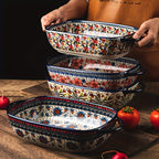 Bohemian Ceramic Baking Dishes Set of 2 - Large Rectangular Oven-Safe Casserole & Pie Pan, Porcelain Roaster Set for Baking & Cooking, Elegant Kitchen Gift, Red Blue Yellow White