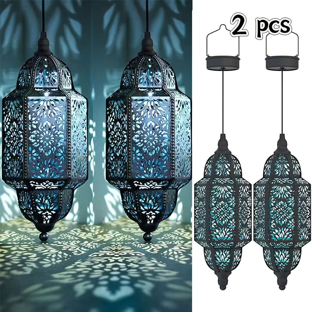Solar Moroccan Lanterns Outdoor Set of 2 – Multicolor IP54 Waterproof Hanging Lights with Cut-Out Design for Garden, Patio, Pathway & Halloween Decor, Auto Dusk-to-Dawn Sensing