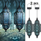 Solar Moroccan Lanterns Outdoor Set of 2 – Multicolor IP54 Waterproof Hanging Lights with Cut-Out Design for Garden, Patio, Pathway & Halloween Decor, Auto Dusk-to-Dawn Sensing