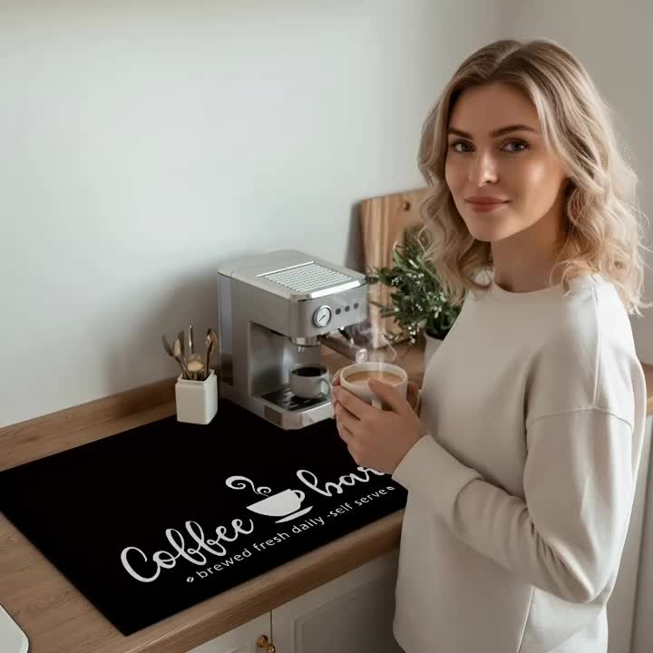 Coffee Bar Mat and Dish Drying Mat - Non-Slip Diatomite Absorbent Kitchen Counter Mat with Coffee Theme Design - Multi-Size Coffee Machine Mat and Kitchen Countertop Accessory