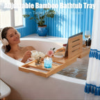 Bamboo Bathtub Caddy Tray Adjustable 27.6–35.4 Inch with Multi-Slot Organizer & Device Holder, Retractable Bath Shelf for Phone, Tablet, Book, Wine & Toiletries — Spa Bath Accessory, Wood Color