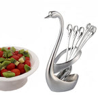 Swan-Shaped Stainless Steel Cutlery Rack with Fork & Spoon Set 7-Piece – Elegant Decorative Silverware Holder for Holiday Table Decor, Christmas, Halloween & Gifts