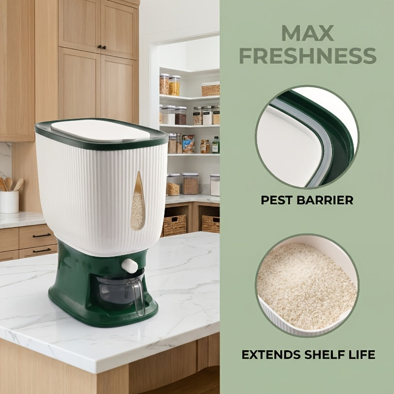 Rice Dispenser Large Capacity 22LB 6-Chamber Sealed Grain Storage Container with Measuring Cup & Transparent Window – Moisture & Insect Resistant One-Click Pantry Organizer for Rice Beans Flour Pet Food