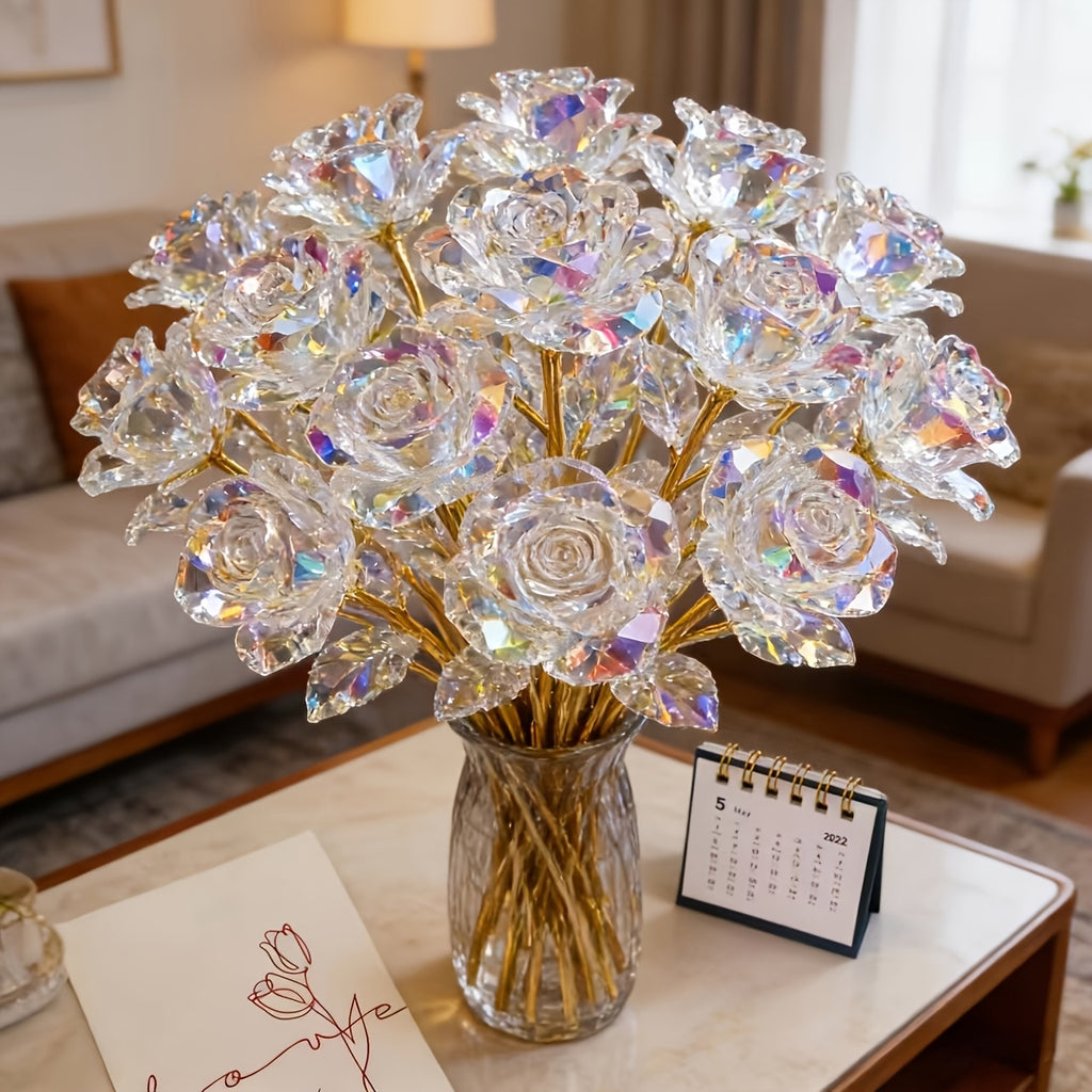 Crystal Rose Bouquet 20pcs Sparkling Eternal Artificial Crystal Flowers, Realistic Faux Rose Set for Weddings, Valentine's Day, Mother's Day, Anniversary, Birthday & Holiday Centerpiece Decoration