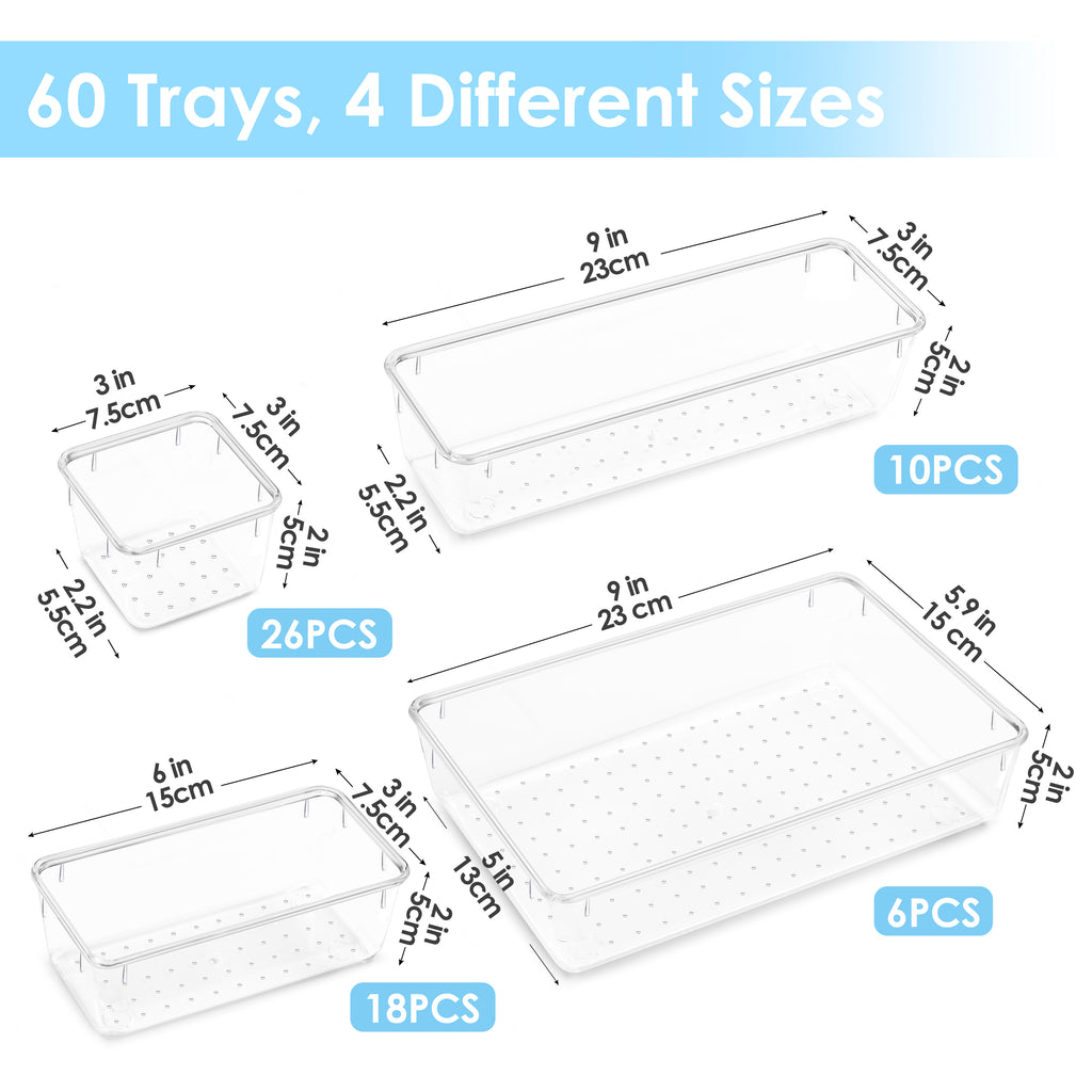 60-Piece Drawer Divider Organizer Set 4 Sizes Clear Plastic Storage Bins for Desk Office Drawer Kitchen Bathroom – Versatile Tray Organizers for Home Office Craft Supply Organization