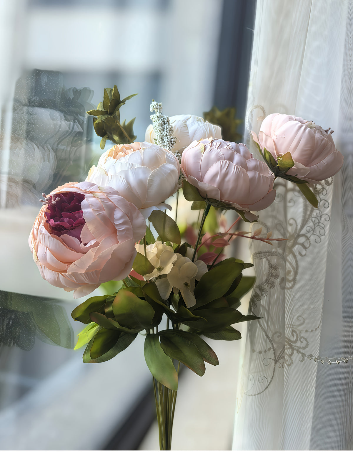 Faux Peonies and Hydrangeas Floral Centerpiece Vintage Rustic Pink Green Mix Artificial Flowers for Bridal Wedding Table Home Living Room Decor