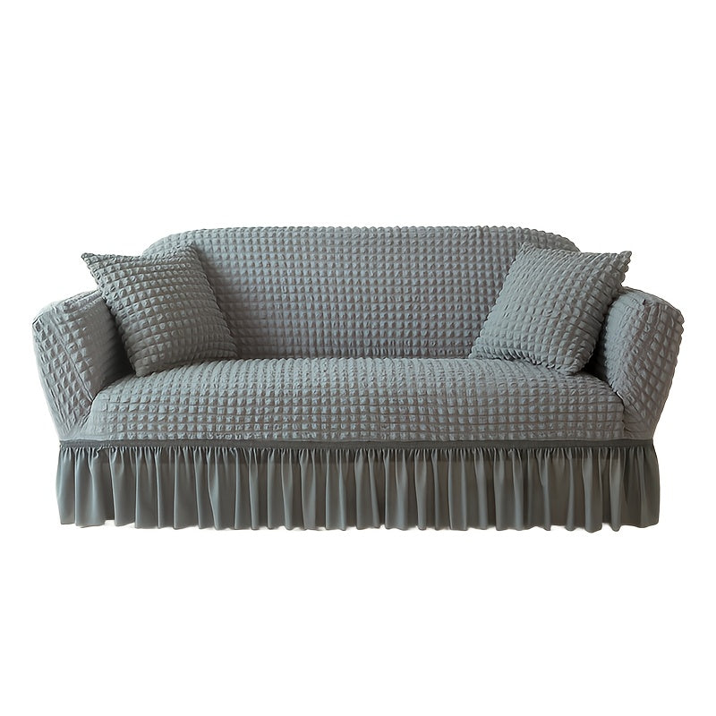 Seersucker Sofa Cover All-In-One Stretch Slipcover – Elastic Band Polyester Spandex Machine Washable Couch Protector for Armchair Loveseat 1 2 3 4 Seater Solid Color