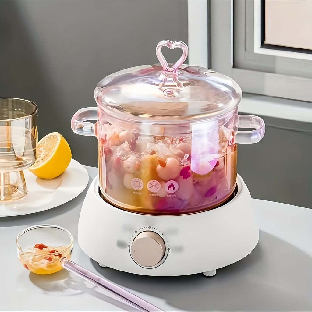 Pink Glass Cooking Pot 1500ml with Heart-Shaped Lid Boiling Stewing Multi-Function Glass Pot for Pasta Soup Congee Noodles Compatible with Electric Ceramic Stovetop