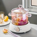 Pink Glass Cooking Pot 1500ml with Heart-Shaped Lid Boiling Stewing Multi-Function Glass Pot for Pasta Soup Congee Noodles Compatible with Electric Ceramic Stovetop