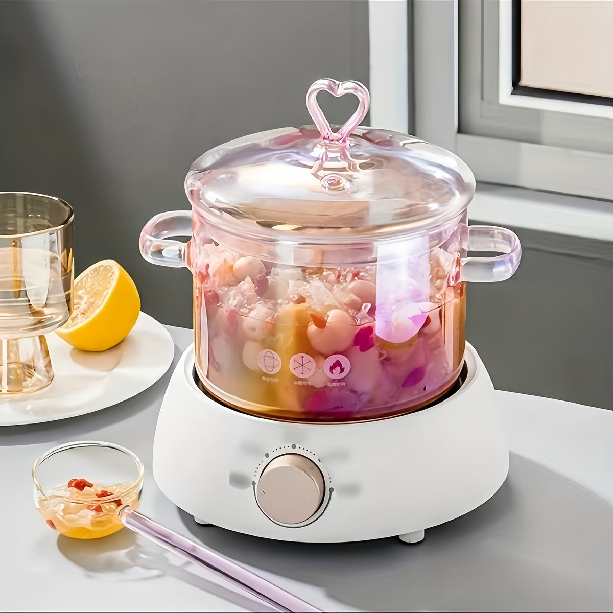 Pink Glass Cooking Pot 1500ml with Heart-Shaped Lid Boiling Stewing Multi-Function Glass Pot for Pasta Soup Congee Noodles Compatible with Electric Ceramic Stovetop