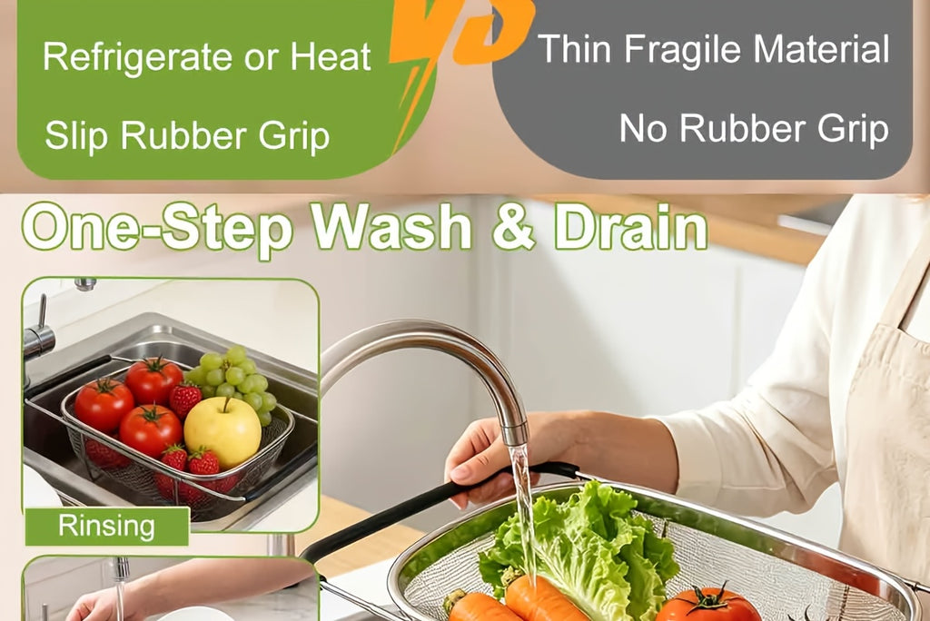 Expandable Over-the-Sink Stainless Steel Colander Strainer Basket – Fine Mesh with Rubber Grip for Draining Vegetables, Fruits & Pasta, Adjustable Sink Strainer, Small or Large