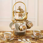 20-Piece Floral Porcelain Tea Set with Metal Holder & Teapot - European Ceramic Espresso Cup and Saucer Set, 3.3oz Cups 15oz Teapot, Afternoon Tea Gift for Golden Pink Purple Flower