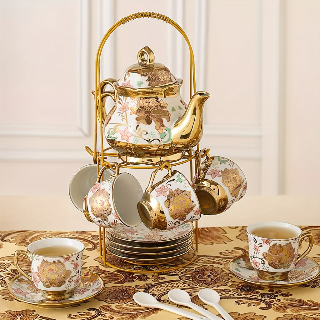 20 Piece Ceramic Tea Set Floral Design – European Afternoon Tea Service with Teapot, Cups, Saucers & Metal Stand – Blooming Style, Gift for Tea Lovers