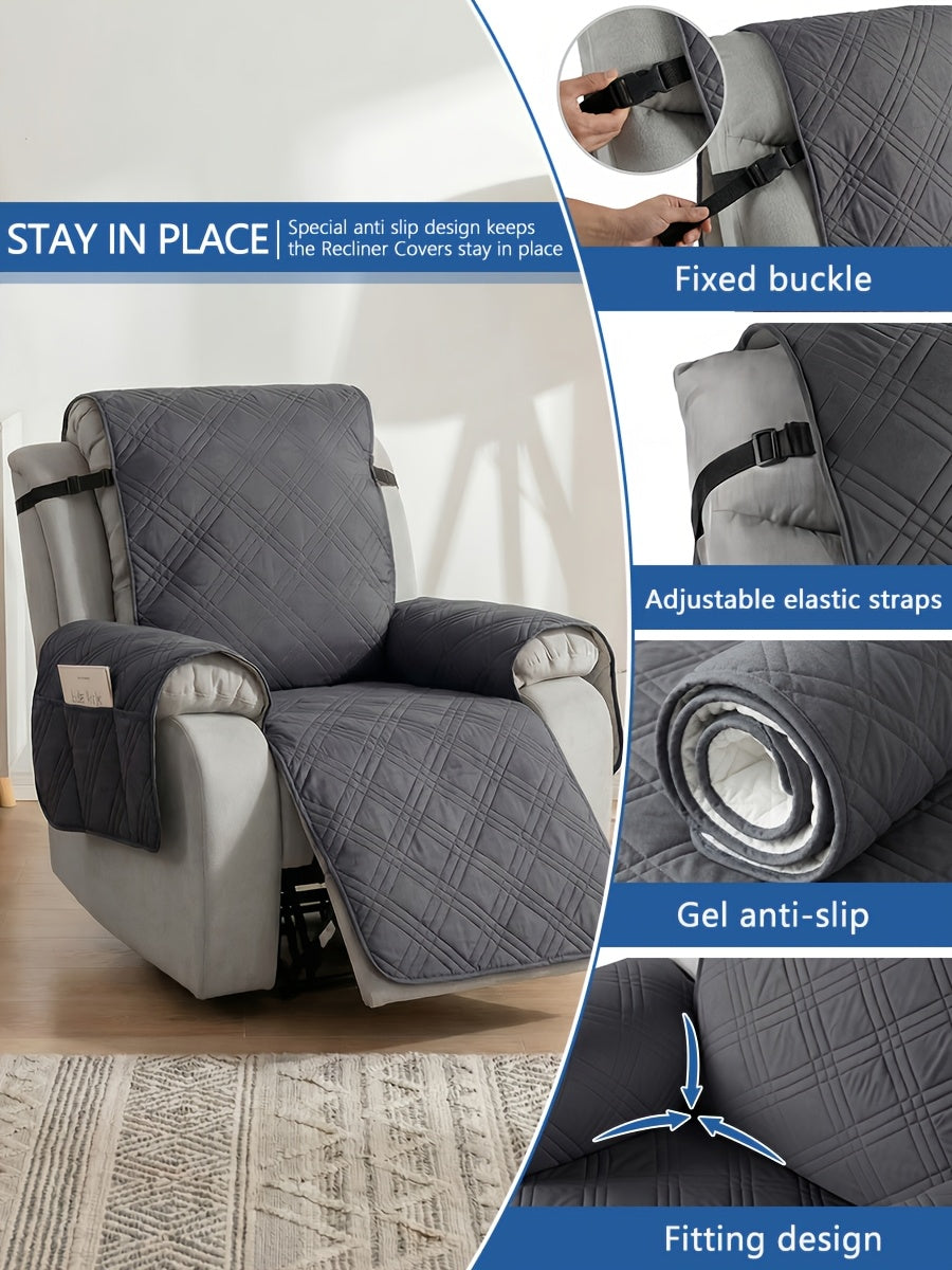 Quilted Recliner Cover with Side Pocket Anti-Slip Elastic Band Pet Furniture Protector – Easy to Install Sofa Recliner Slipcover for Living Room, All-Season Home Decor