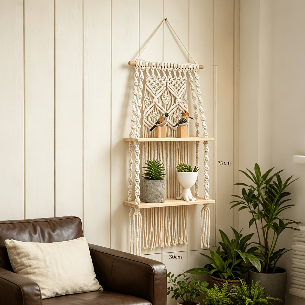 Boho Woven Wall-Mounted Floating Shelf Rack – Handcrafted Macrame Wood Storage Shelf for Bedroom, Bathroom & Bohemian Wall Decor
