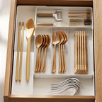 Expandable Kitchen Utensil Drawer Organizer Tray with Adjustable Dividers – Multiple Compartments for Forks, Spoons, Knives & Chopsticks, Durable Plastic, Extra Large 4-Direction Extension for Home Kitchen