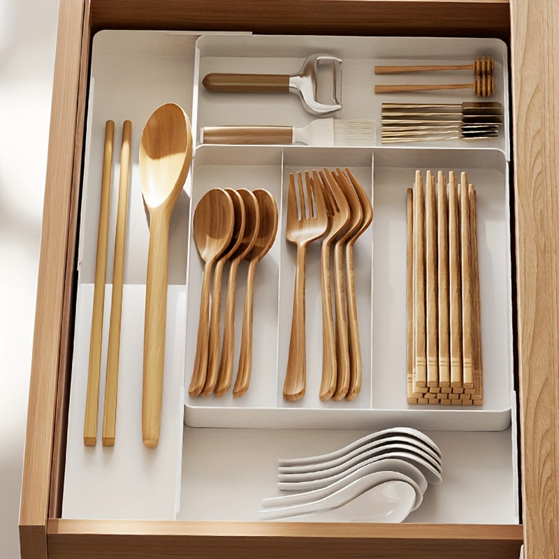 Expandable Kitchen Utensil Drawer Organizer Tray with Adjustable Dividers – Multiple Compartments for Forks, Spoons, Knives & Chopsticks, Durable Plastic, Extra Large 4-Direction Extension for Home Kitchen