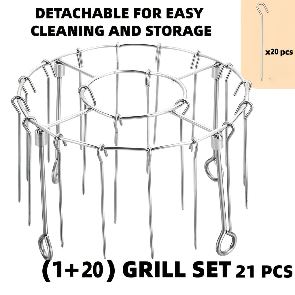304 Stainless Steel Vertical Grill Rack for Air Fryer – 21-Piece Set with 20 Skewer Needles, Fits 3QT-6QT | Even Heating for Meat & Vegetables