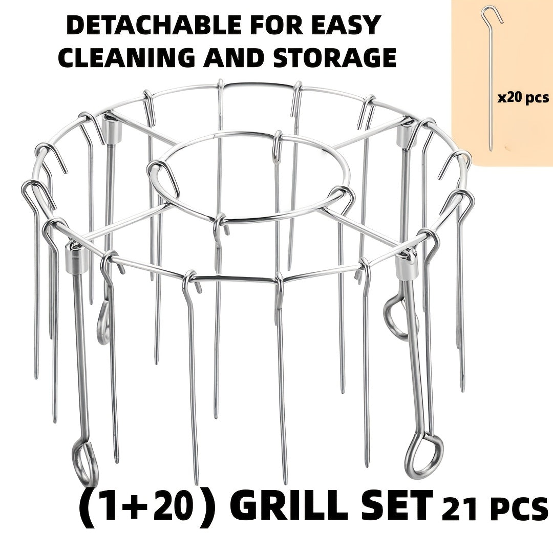 304 Stainless Steel Vertical Grill Rack for Air Fryer – 21-Piece Set with 20 Skewer Needles, Fits 3QT-6QT | Even Heating for Meat & Vegetables