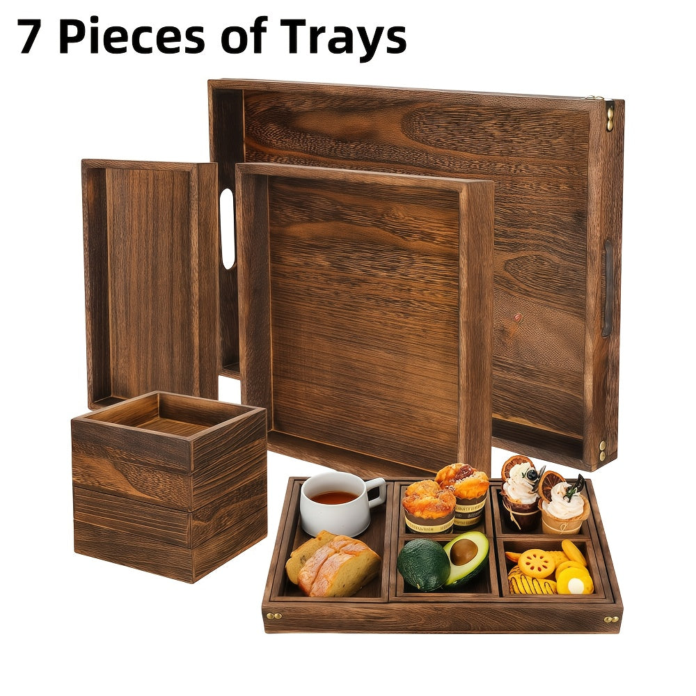 7-Piece Rustic Rectangular Serving Trays with Handles Vintage Elegance Tea Coffee Snack Fruit Dessert Tray Set for Kitchen Living Room