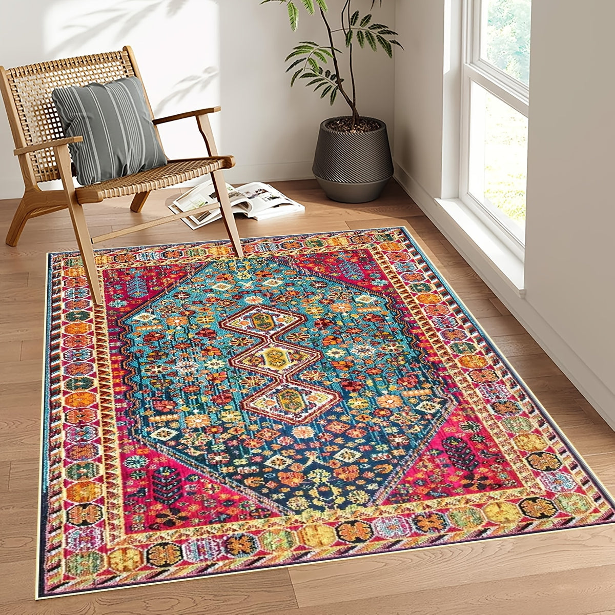 Bohemian Vintage Floral Area Rug – Ethnic Boho Floral Pattern Large Decor Mat for Living Room, Bedroom, Coffee Table & Tea Room, Exotic Vintage Home Decor, 6 Sizes