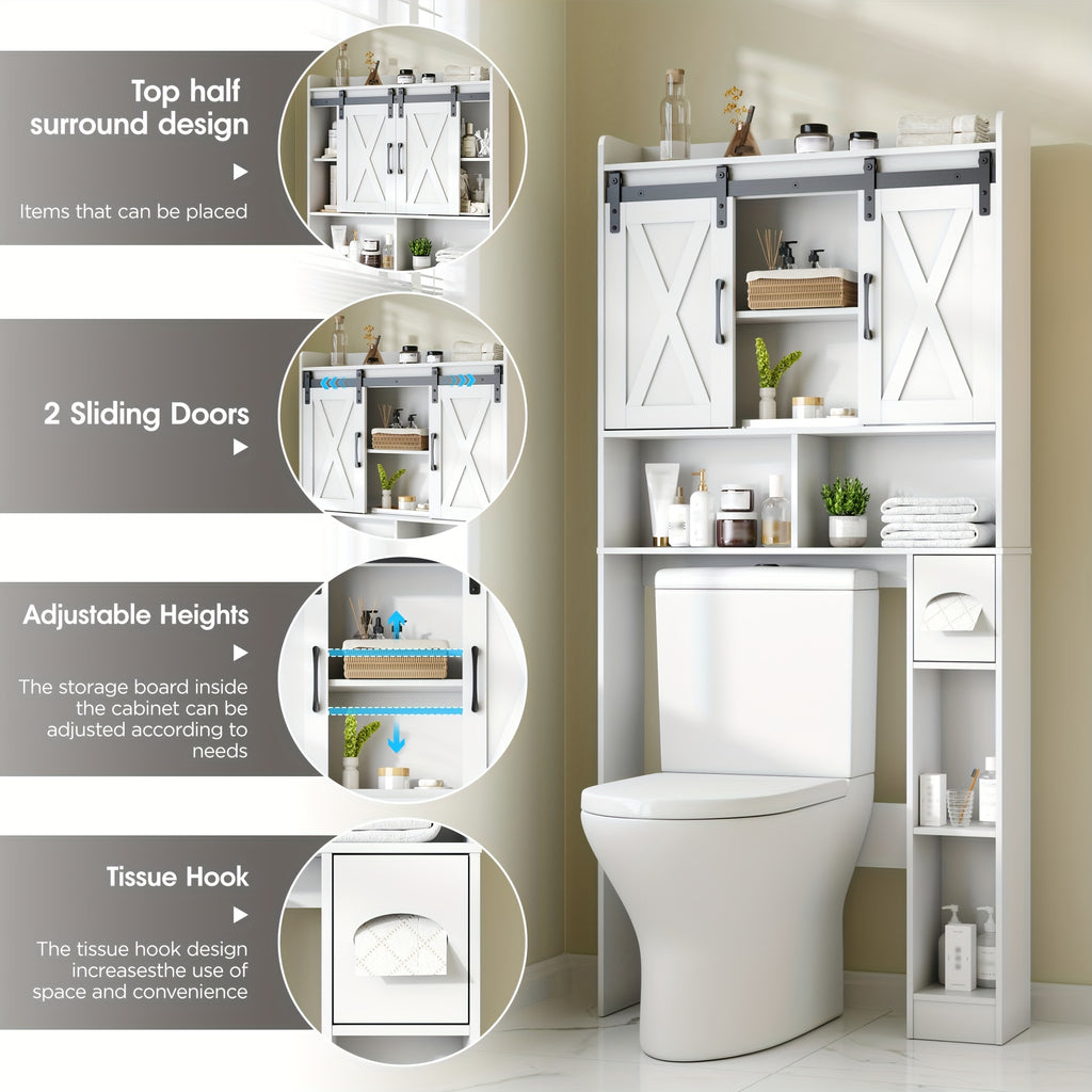Farmhouse Over Toilet Cabinet with Sliding Doors Engineered Wood Adjustable Shelf Toilet Paper Holder Stand Space Saving Bathroom Storage No Wall Mount Multiple Colors
