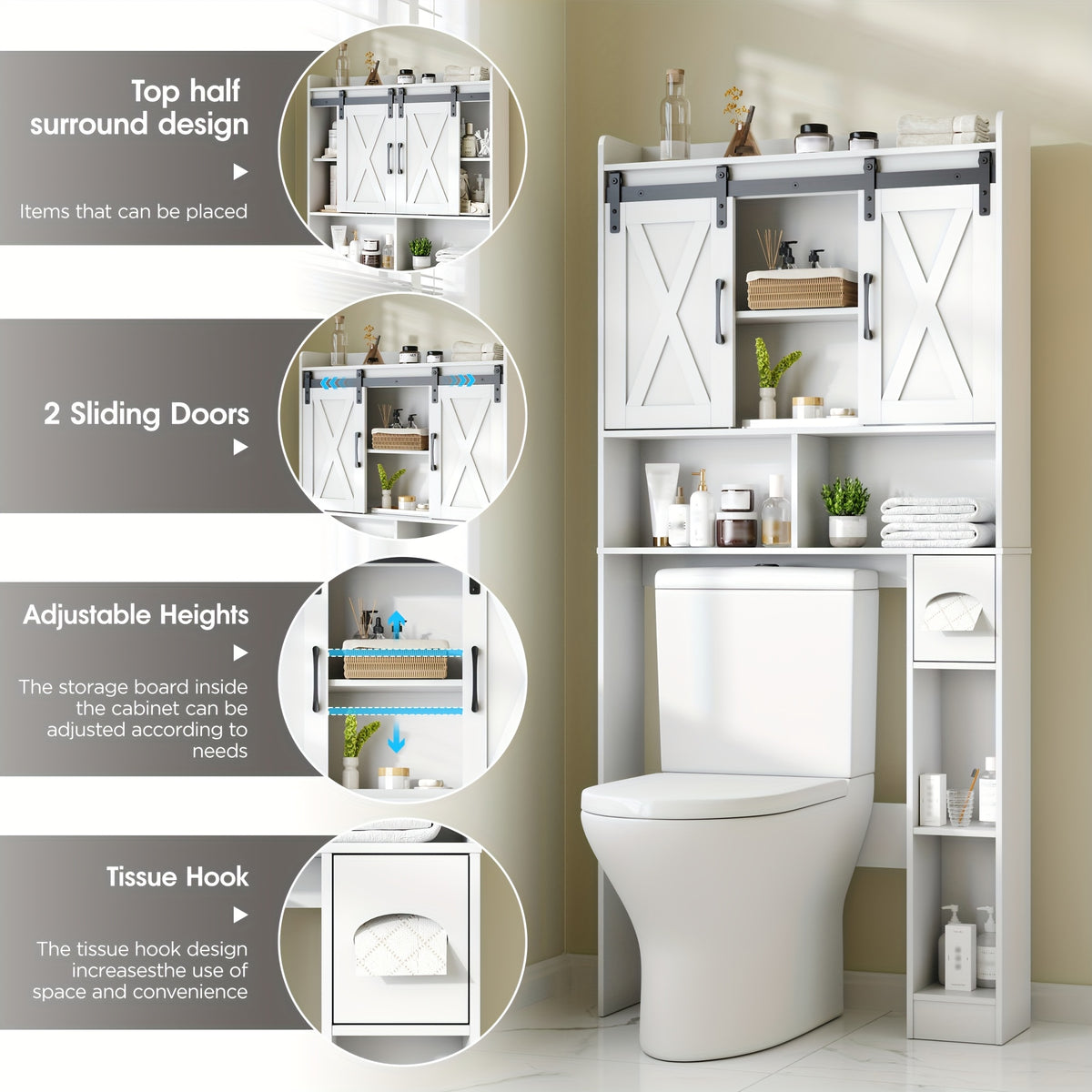 Farmhouse Over Toilet Cabinet with Sliding Doors Engineered Wood Adjustable Shelf Toilet Paper Holder Stand Space Saving Bathroom Storage No Wall Mount Multiple Colors