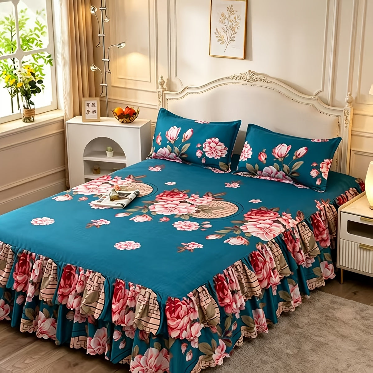 3-Piece Floral Bed Skirt Set with 2 Pillowcases, Non-Slip Lace Ruffle Bed Skirt, All-Season Polyester Bedding, Machine Washable, Bedroom & Guest Room Decor in Pink Rose, Purple Rose, Peony & More