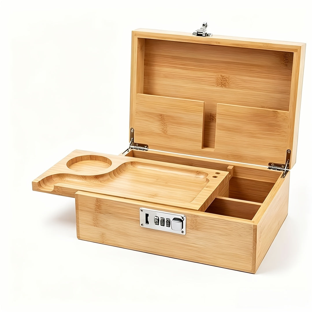 Bamboo Storage Box with Combination Lock Large Smell-Proof Wooden Box Kit with Sliding Tray, Removable Compartments, 3 Glass Jars, Brushes & Tubes – Elegant Desktop Organizer Gift Set for Home Office