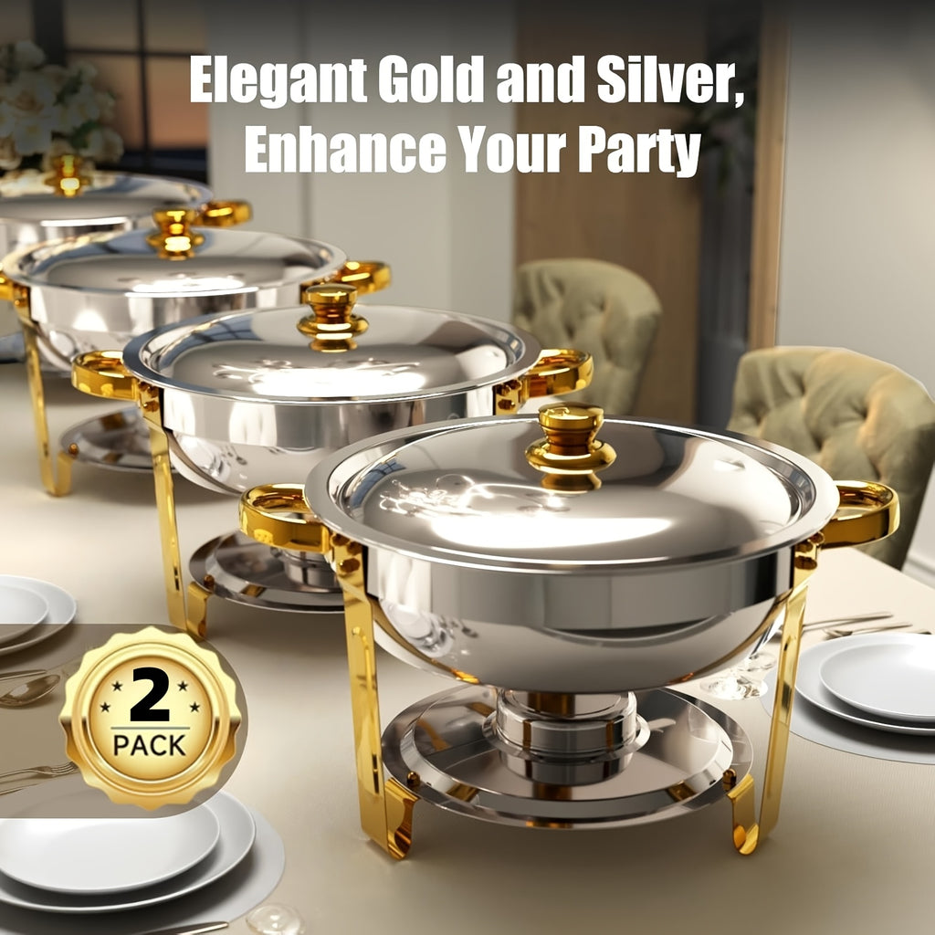 Stainless Steel Chafing Dishes for Buffet Round Food Warmer Set 5-9QT Catering Chafer with Lid for Parties Events Weddings Golden Silver 1 2 4 6 Pack