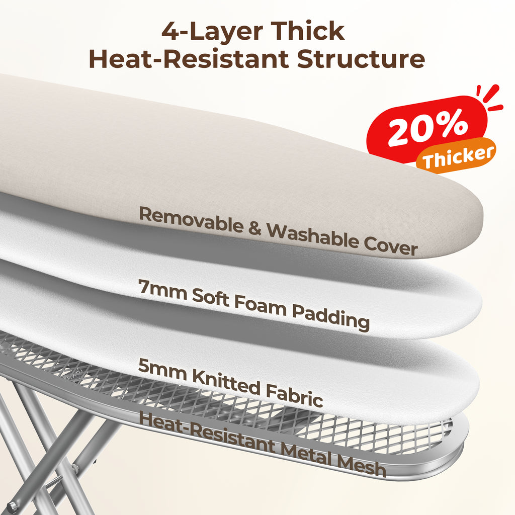 Full-Size Foldable Ironing Board Height-Adjustable – Heavy-Duty Steel Legs, 4-Layer Padding, Iron Rest, Cord Holder & Storage Rack for Laundry Room, Living Room & Dorm | Beige & Gray