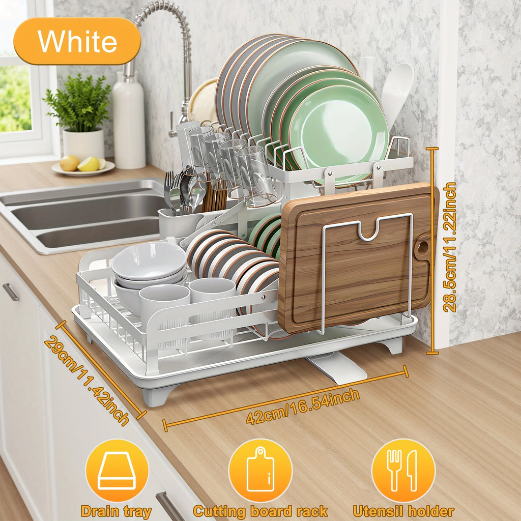2-Tier Dish Drying Rack with Drainboard – Large Carbon Steel Dish Drainer with Glass & Utensil Holders, Drying Mat, Rust-Resistant, for Kitchen Countertop – Foldable & Double Layer Options