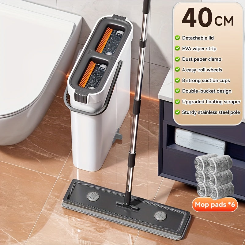 Flat Mop and Bucket Set 40cm, Hands-Free Wringing Dual Bucket System, 360° Rotating Mop Head, 2 or 6 Microfibre Replacement Pads, Wet & Dry Separation, Safe on All Floor Types