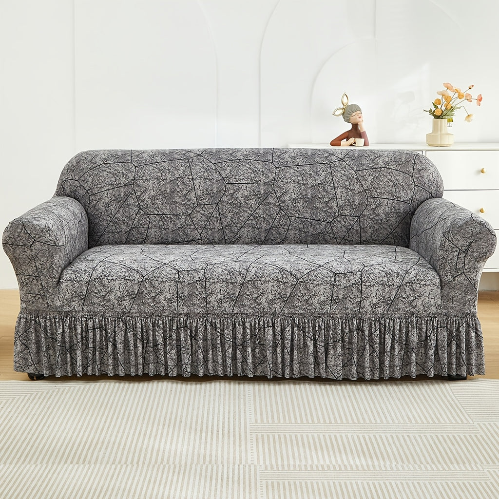 Printed Elastic Skirt Sofa Cover Slipcover with Bottom Skirt | Stretch Fitted Couch Protector for Living Room, Single 2-Seater 3-Seater 4-Seater